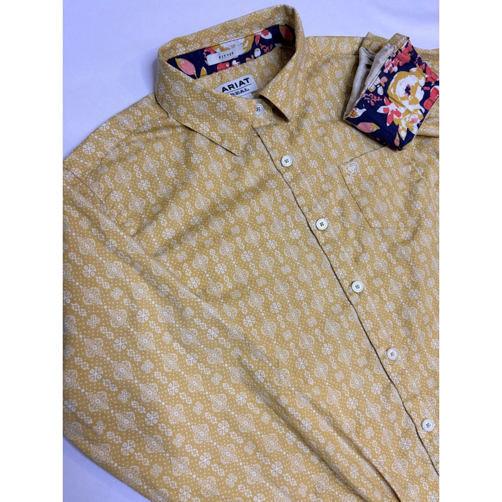Ariat Real Fitted Shirt Womens Medium Yellow Geometric Print Western Long Sleeve